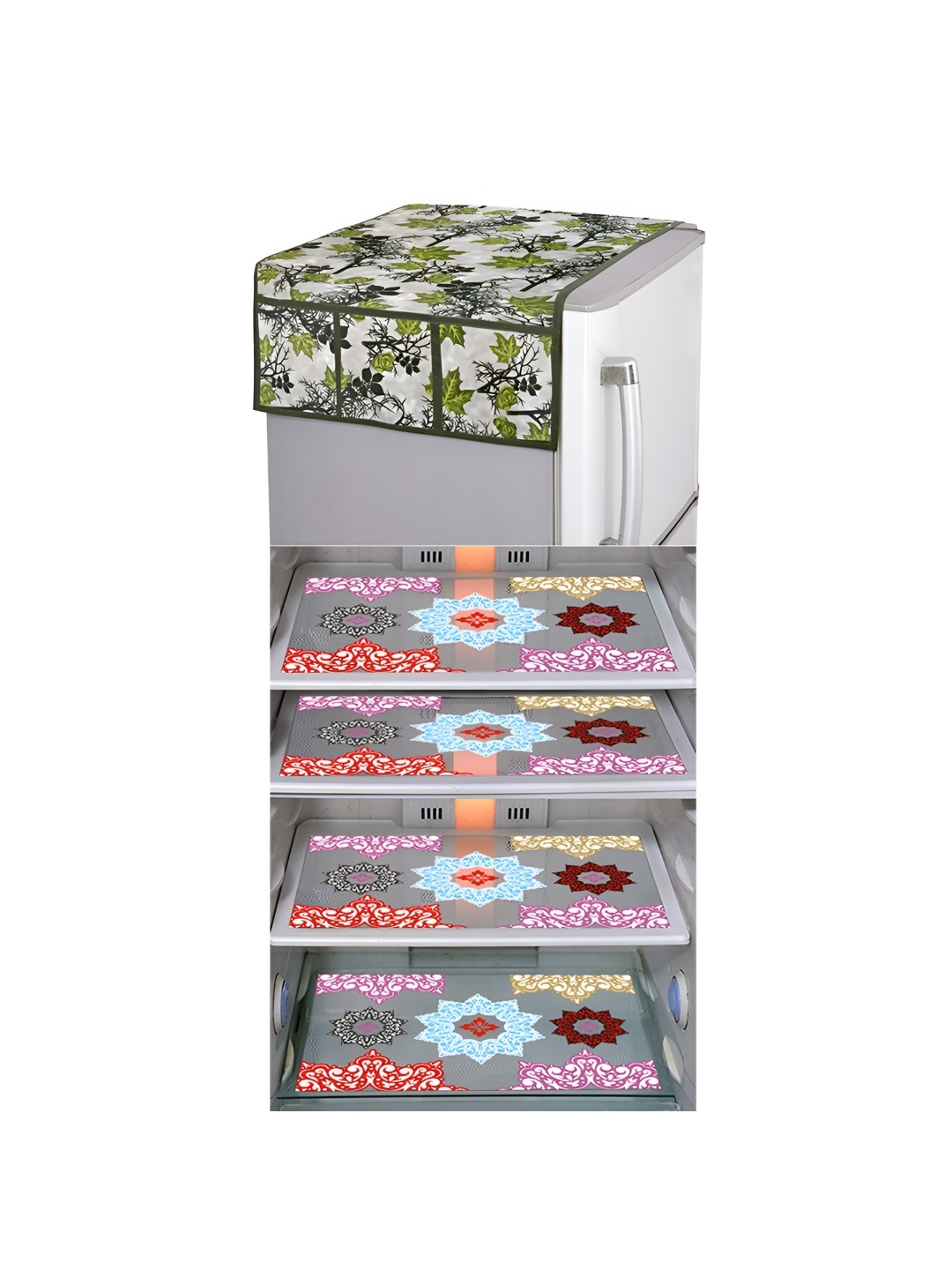 

LooMantha Grey & Green 5 Pieces Floral Printed Fridge Mats & Top Cover