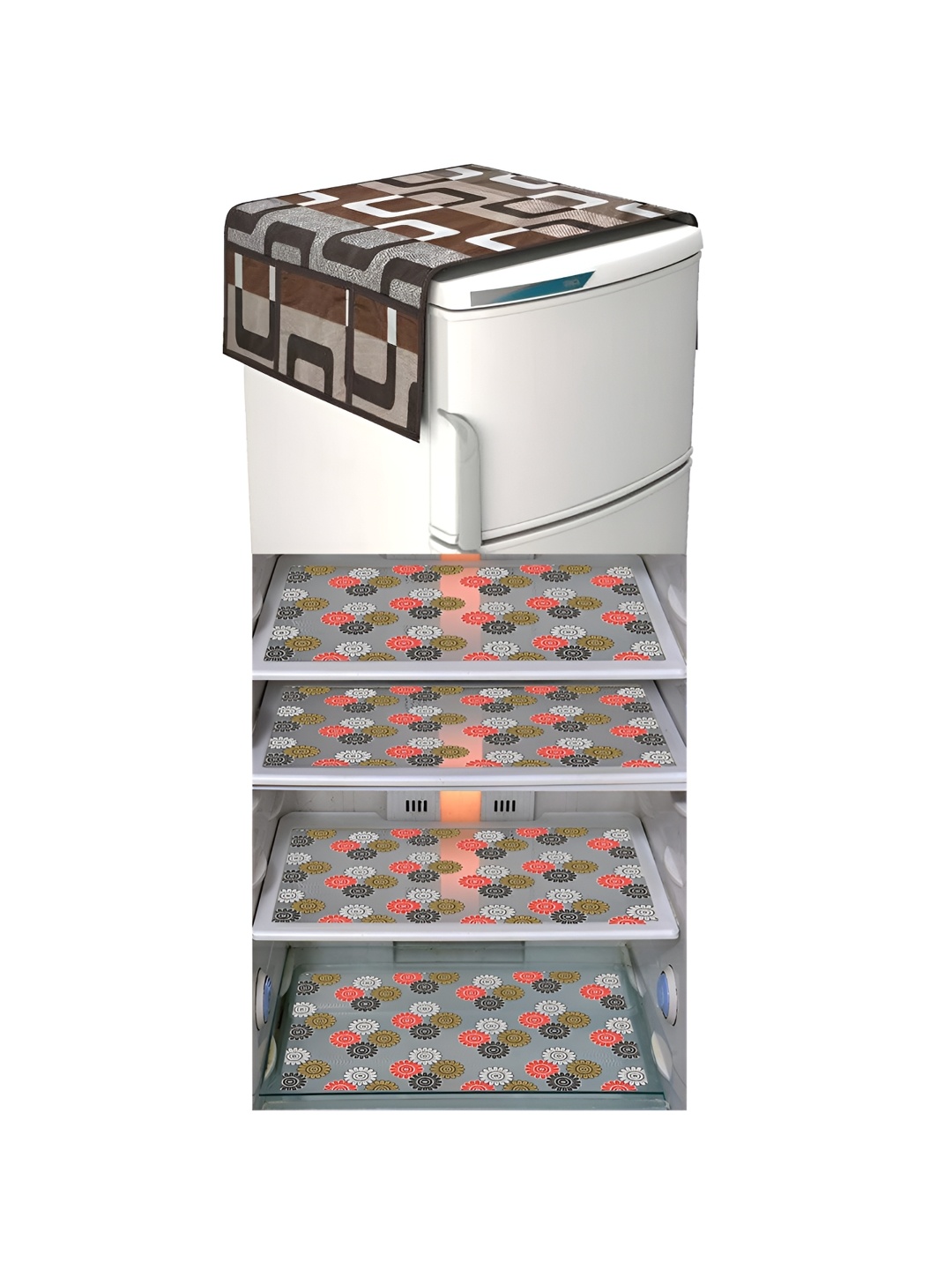 

LooMantha Brown & Grey 5 Pieces Floral Printed Fridge Mats & Top Cover