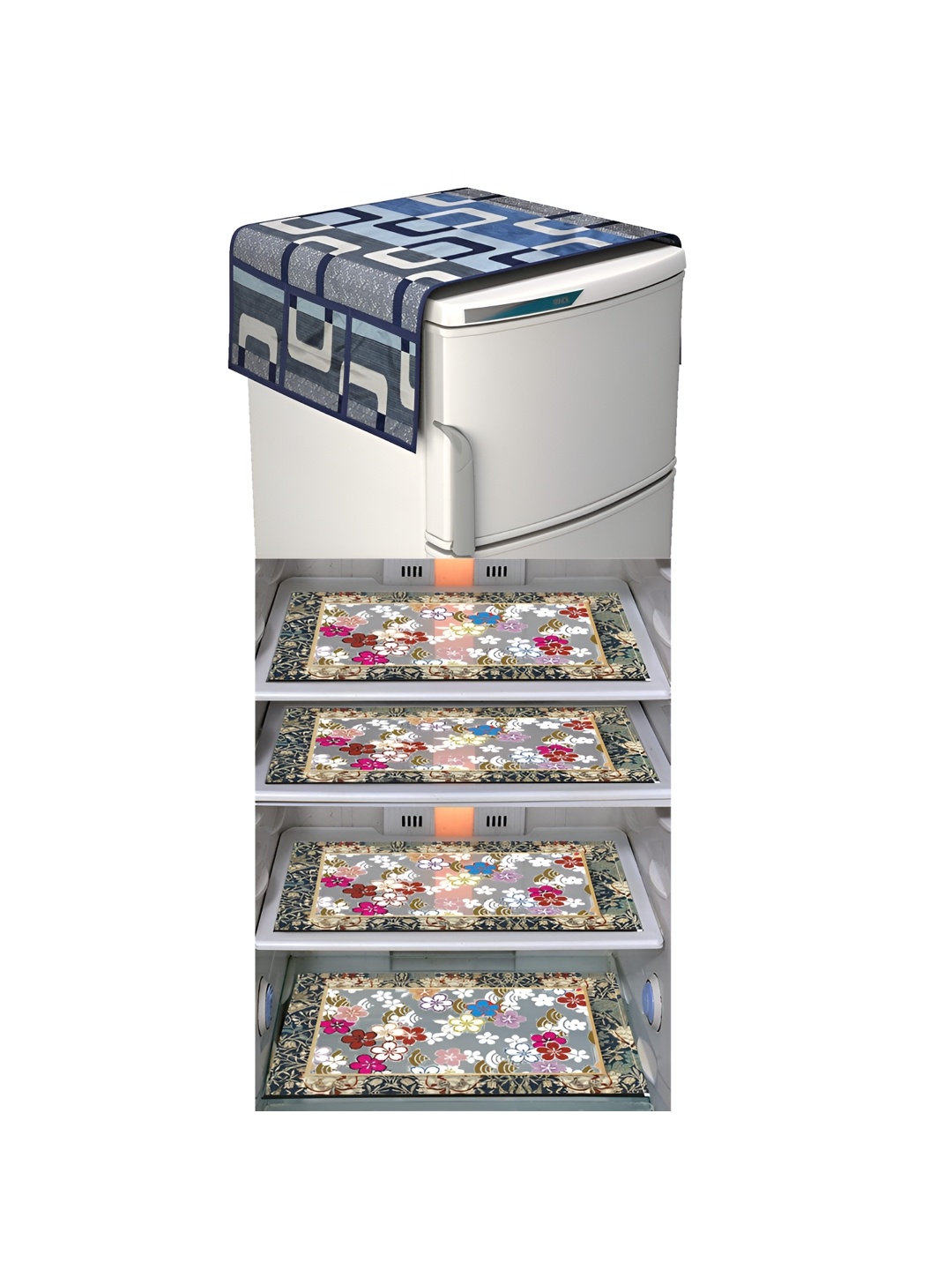 

LooMantha Blue & White 5 Pieces Floral Printed Fridge Mats & Top Cover