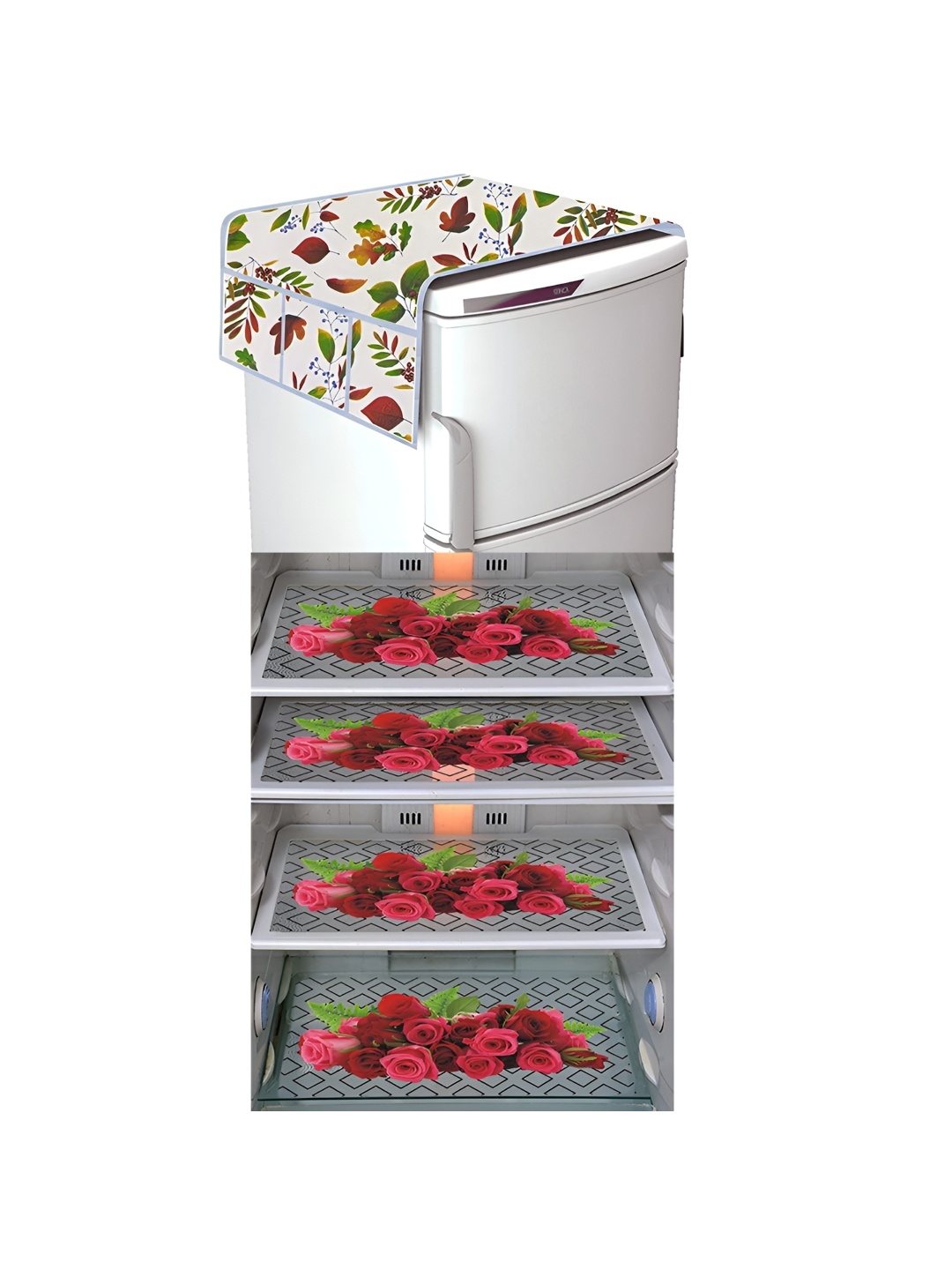 

LooMantha White & Green 5 Pieces Floral Printed Fridge Mats & Top Cover