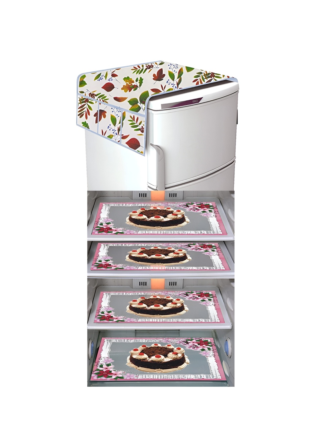 

LooMantha White & Green 5 Pieces Floral Printed Fridge Mats & Top Cover