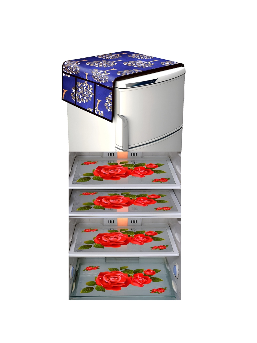 

LooMantha Blue & Red 5 Pieces Floral Printed Fridge Mats & Top Cover