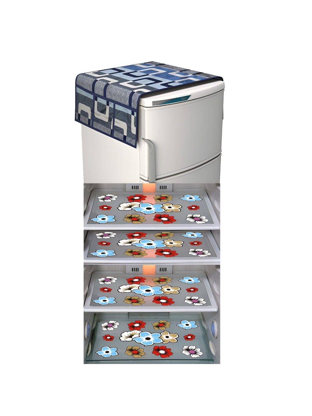 

LooMantha Blue & Red 5 Pieces Floral Printed Fridge Mats & Top Cover