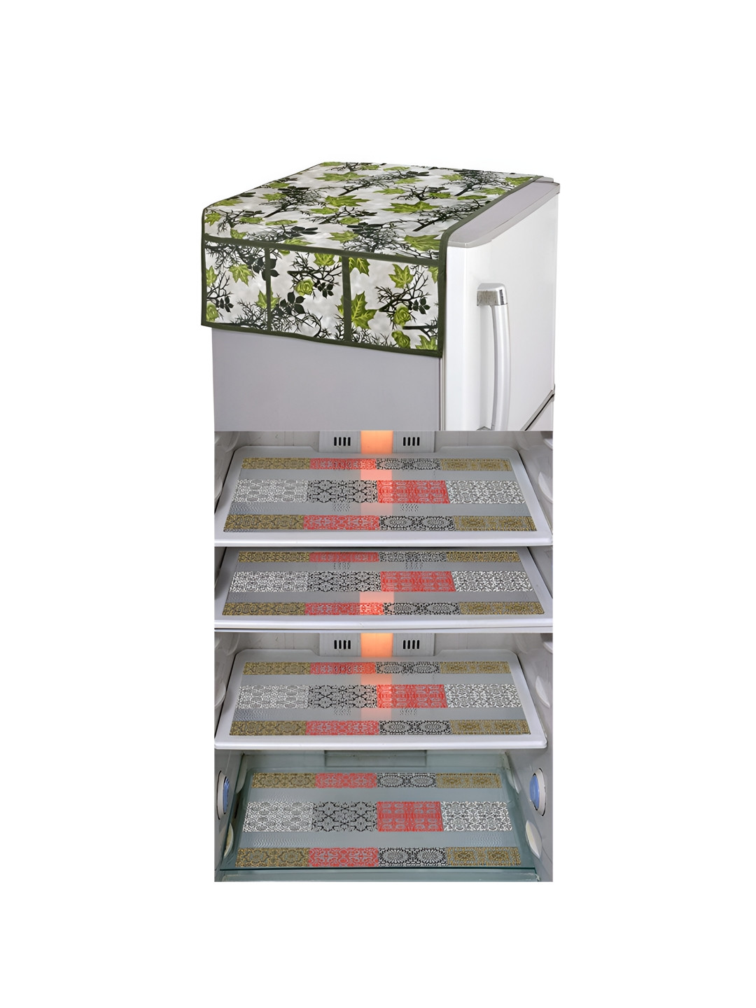 

LooMantha Green & Red 5 Pieces Floral Printed Fridge Mats & Top Cover
