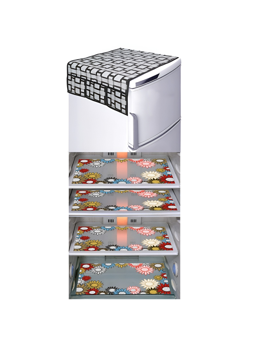

LooMantha Grey & Black 5 Pieces Floral Printed Fridge Mats & Top Cover