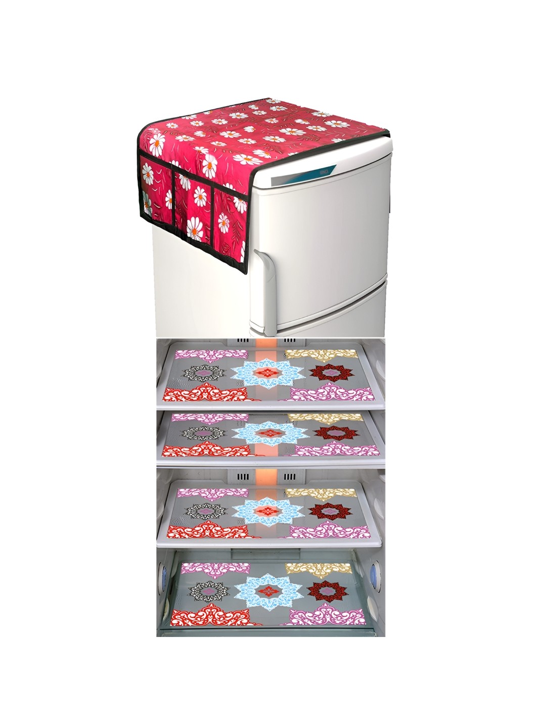 

LooMantha Red & White 5 Pieces Floral Printed Fridge Mats & Top Cover