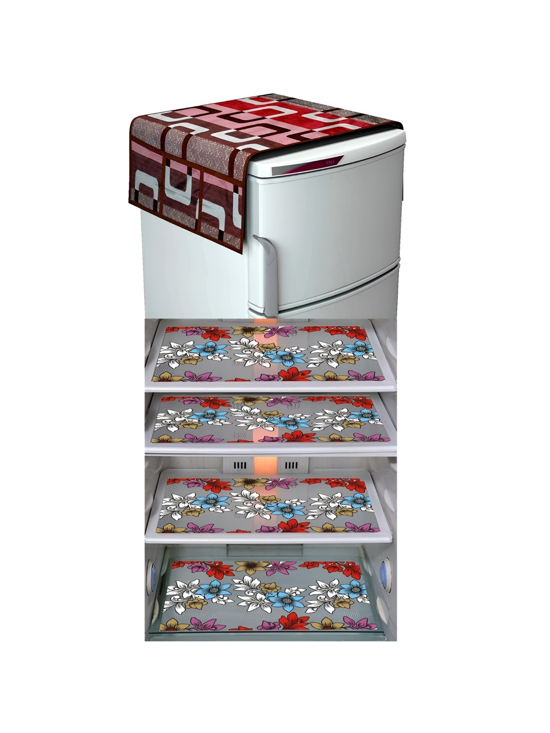 

LooMantha Maroon & White 5 Pieces Floral Printed Fridge Mats & Top Cover, Brown