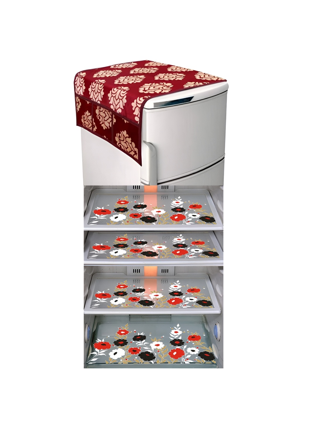 

LooMantha Maroon & Beige 5 Pieces Floral Printed Fridge Mats & Top Cover