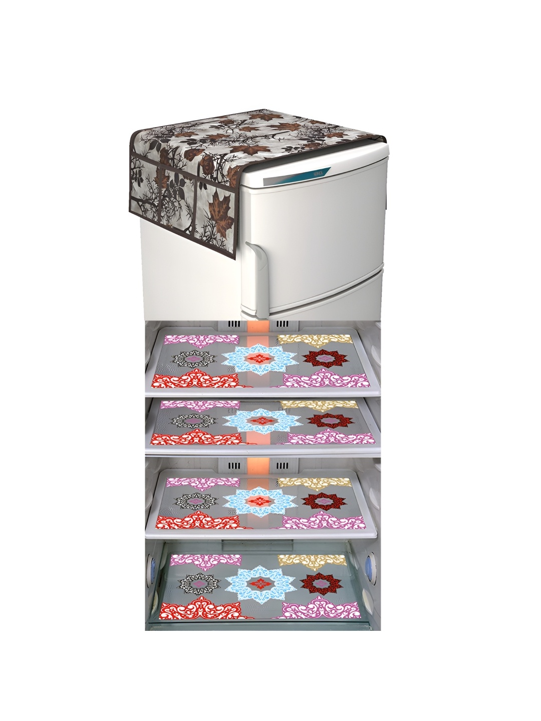 

LooMantha Brown & Blue 5 Pieces Floral Printed Fridge Mats & Top Cover