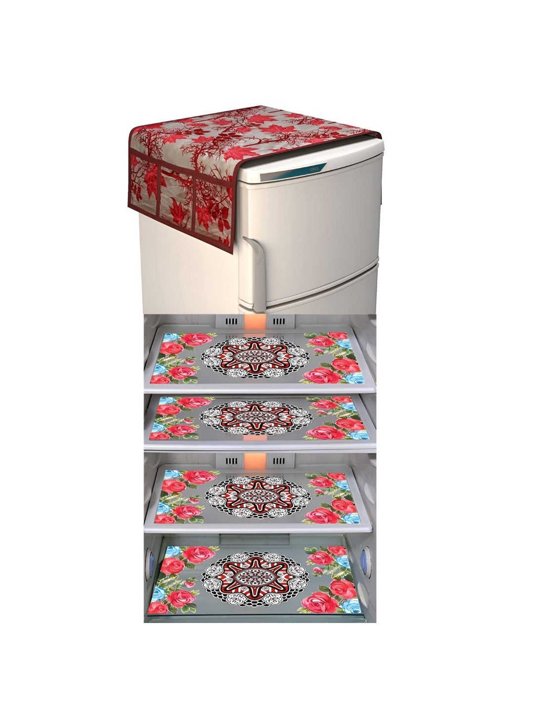 

LooMantha Maroon & Blue 5 Pieces Floral Printed Fridge Mats & Top Cover