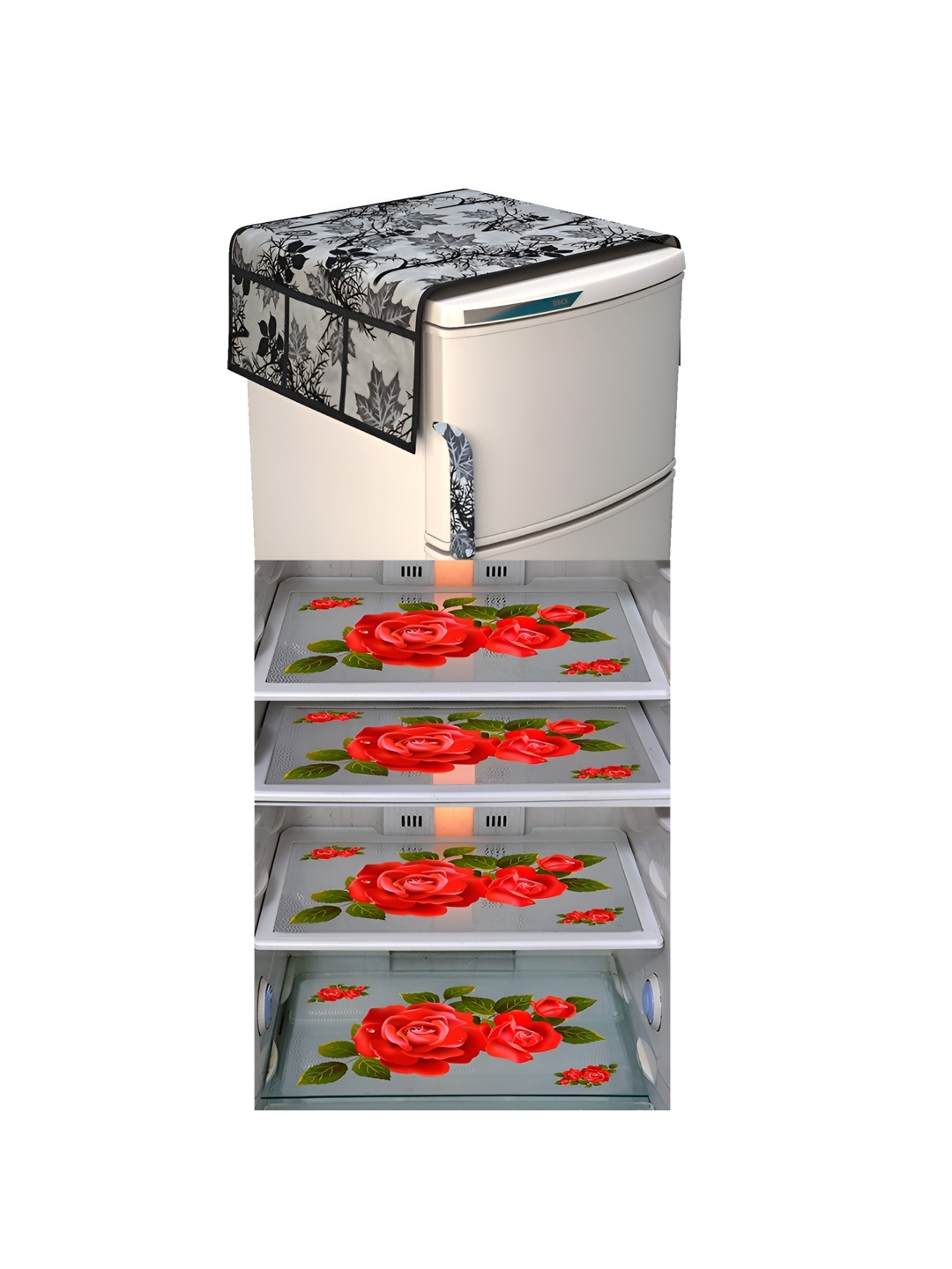 

LooMantha Grey & Black 5 Pieces Floral Printed Fridge Mats & Top Cover