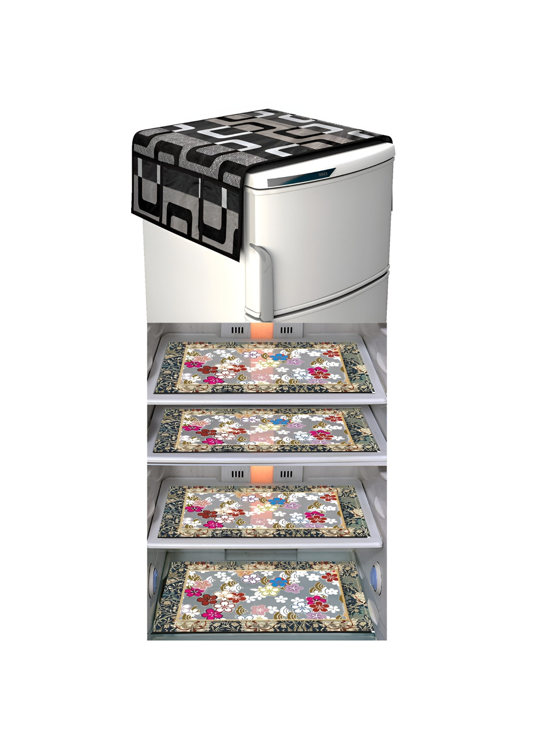 

LooMantha Black & White 5 Pieces Floral Printed Fridge Mats & Top Cover