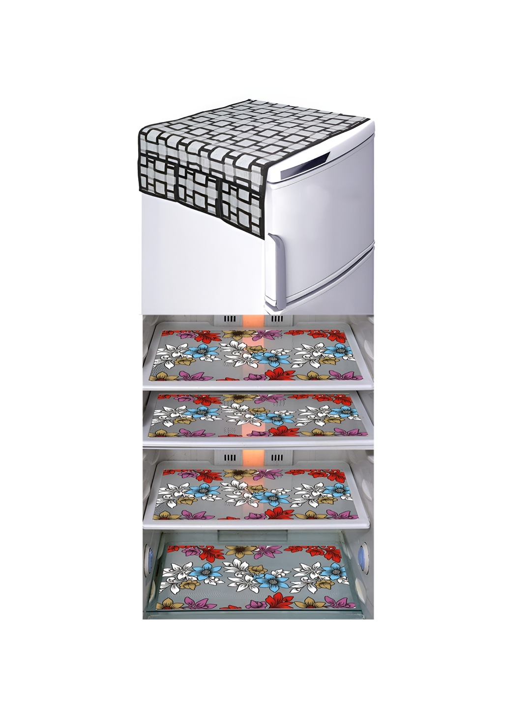 

LooMantha White & Black 5 Pieces Floral Printed Fridge Mats & Top Cover