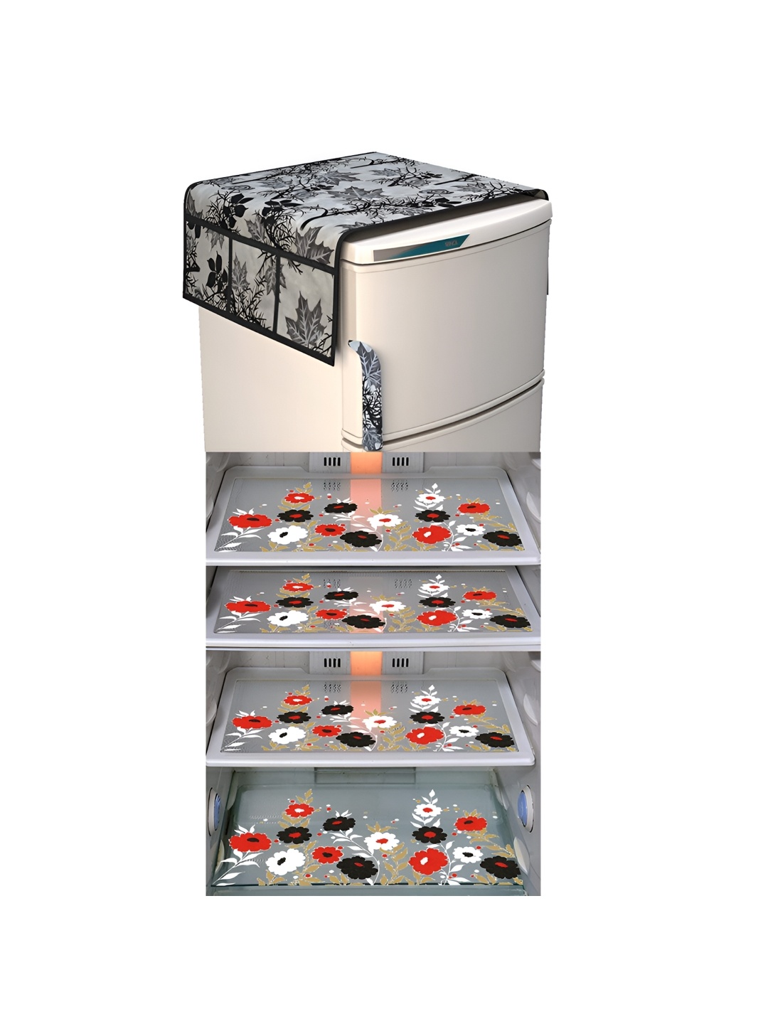 

LooMantha Red & White 5 Pieces Floral Printed Fridge Mats & Top Cover