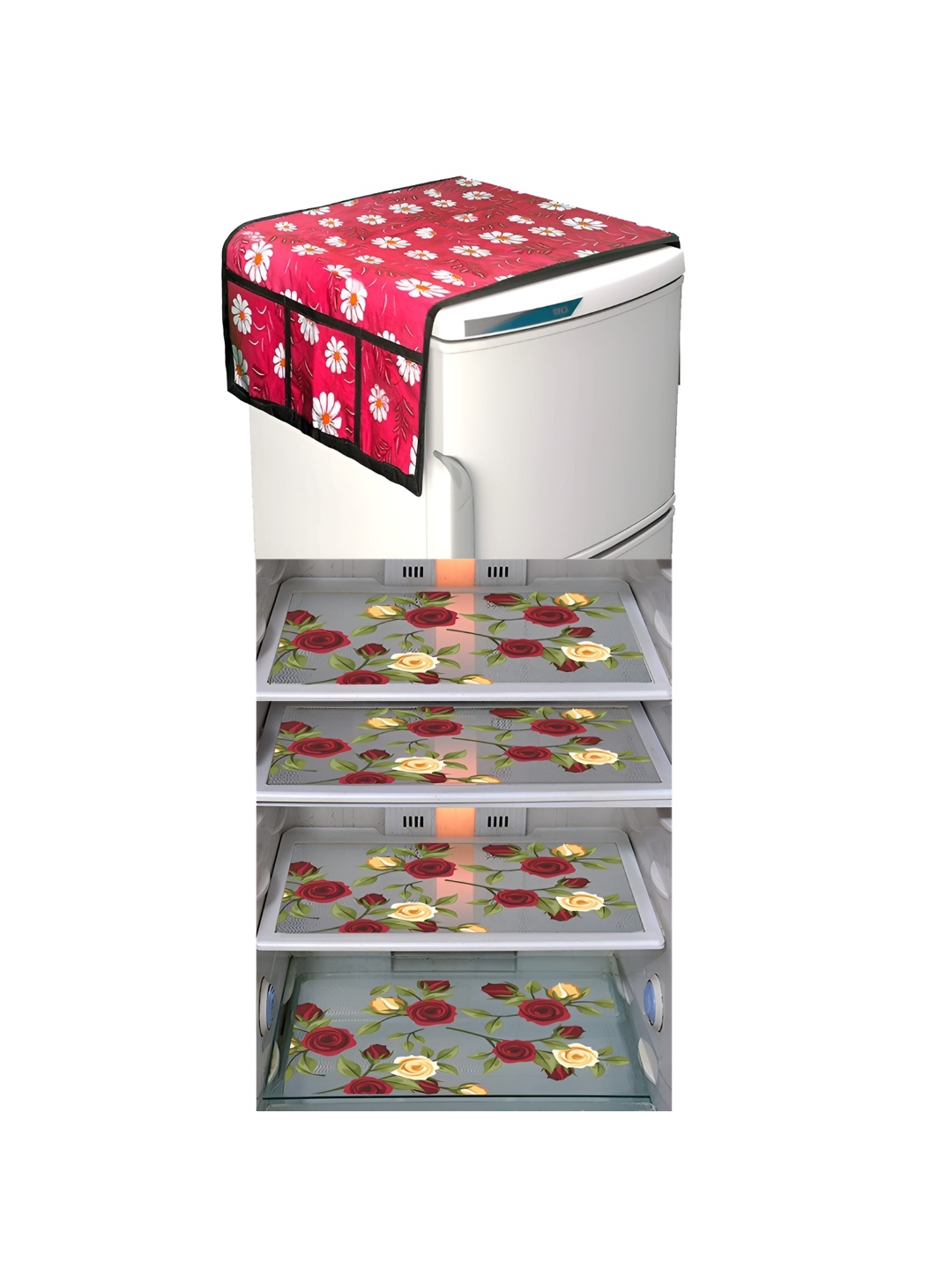 

LooMantha Grey & Black 5 Pieces Floral Printed Fridge Mats & Top Cover, Maroon