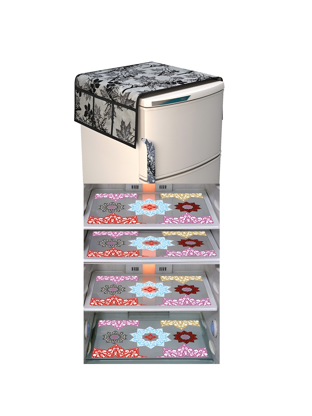 

LooMantha Black & Blue 5 Pieces Floral Printed Fridge Mats & Top Cover