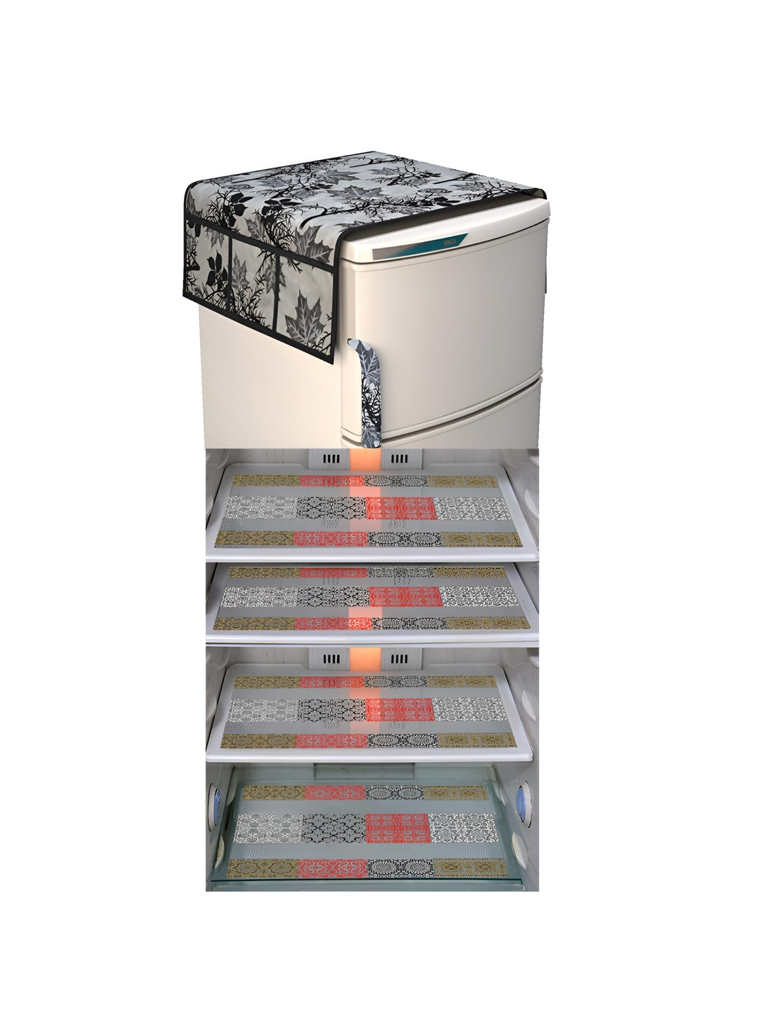 

LooMantha Red & Black 5 Pieces Floral Printed Fridge Mats & Top Cover
