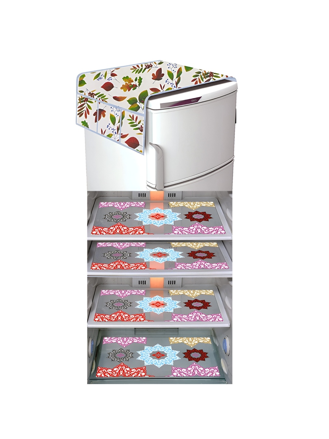 

LooMantha Green & Yellow 5 Pieces Floral Printed Fridge Mats & Top Cover