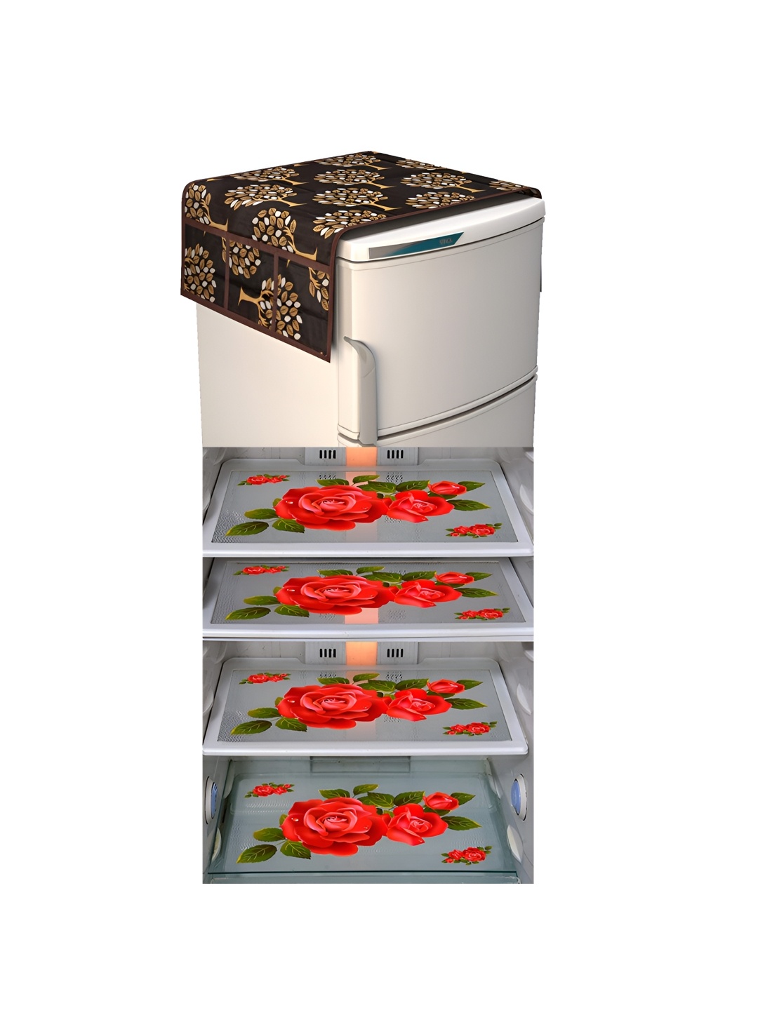 

LooMantha Brown & Green 5 Pieces Floral Printed Fridge Mats & Top Cover