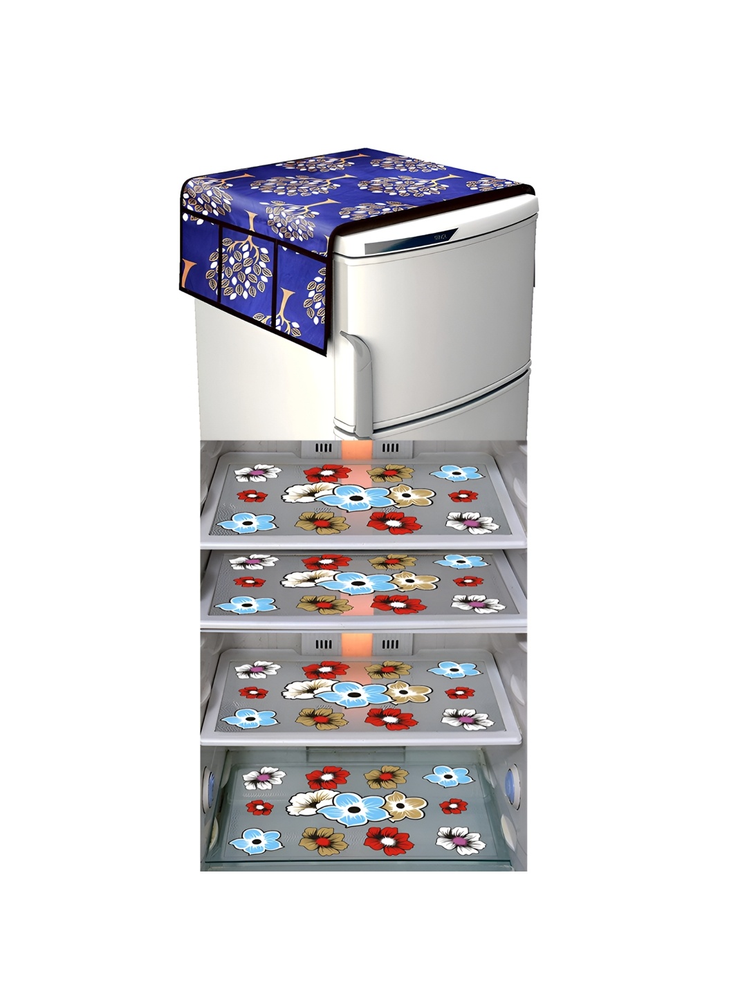 

LooMantha Blue & Red 5 Pieces Floral Printed Fridge Mats & Top Cover