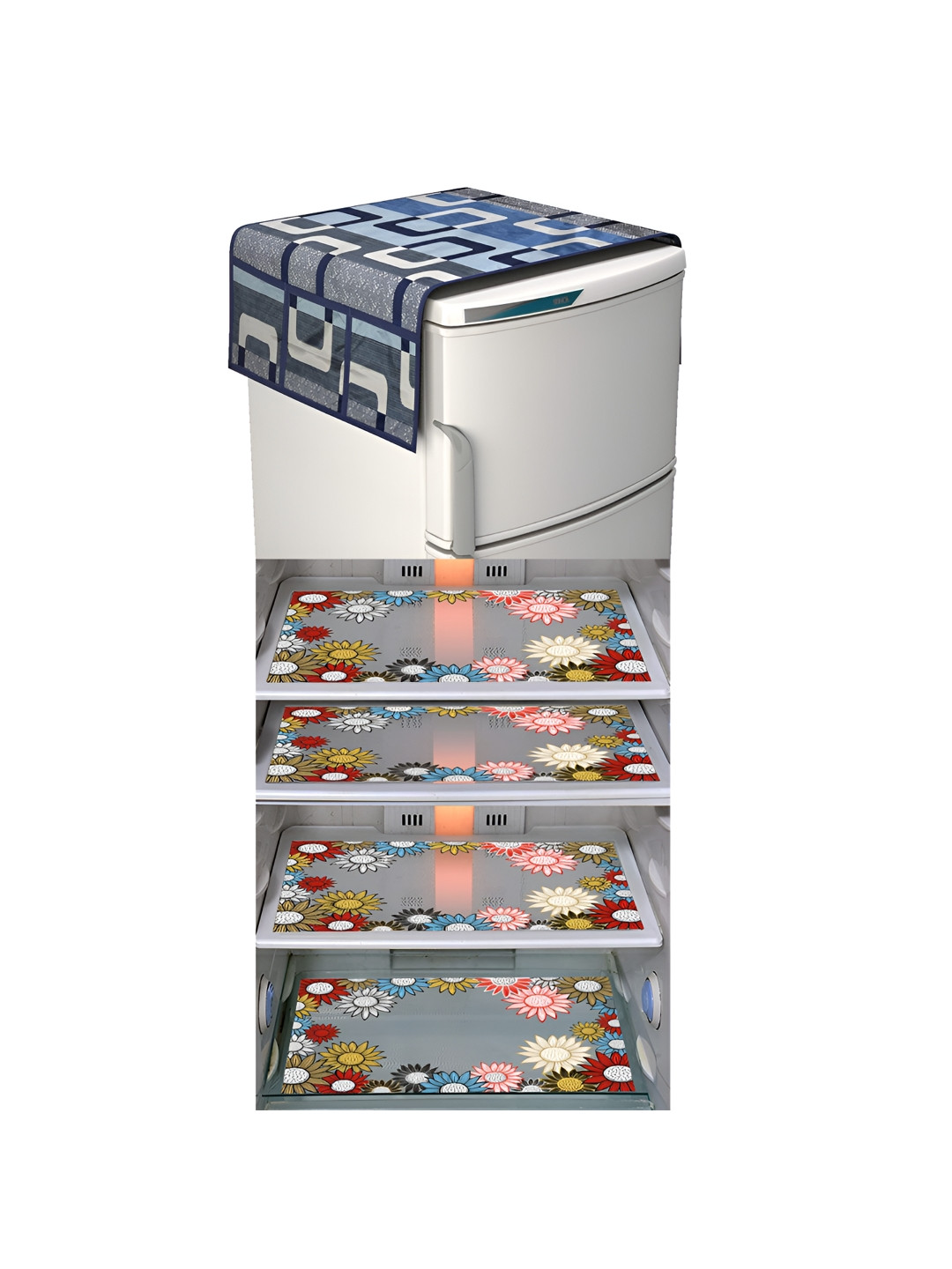 

LooMantha Blue & White 5 Pieces Floral Printed Fridge Mats & Top Cover