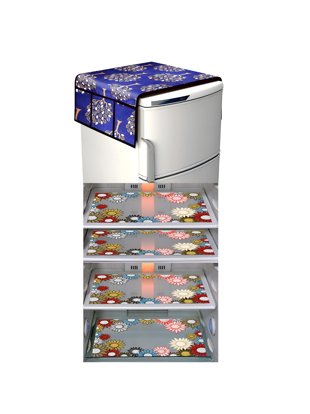 

LooMantha Blue & White 5 Pieces Floral Printed Fridge Mats & Top Cover