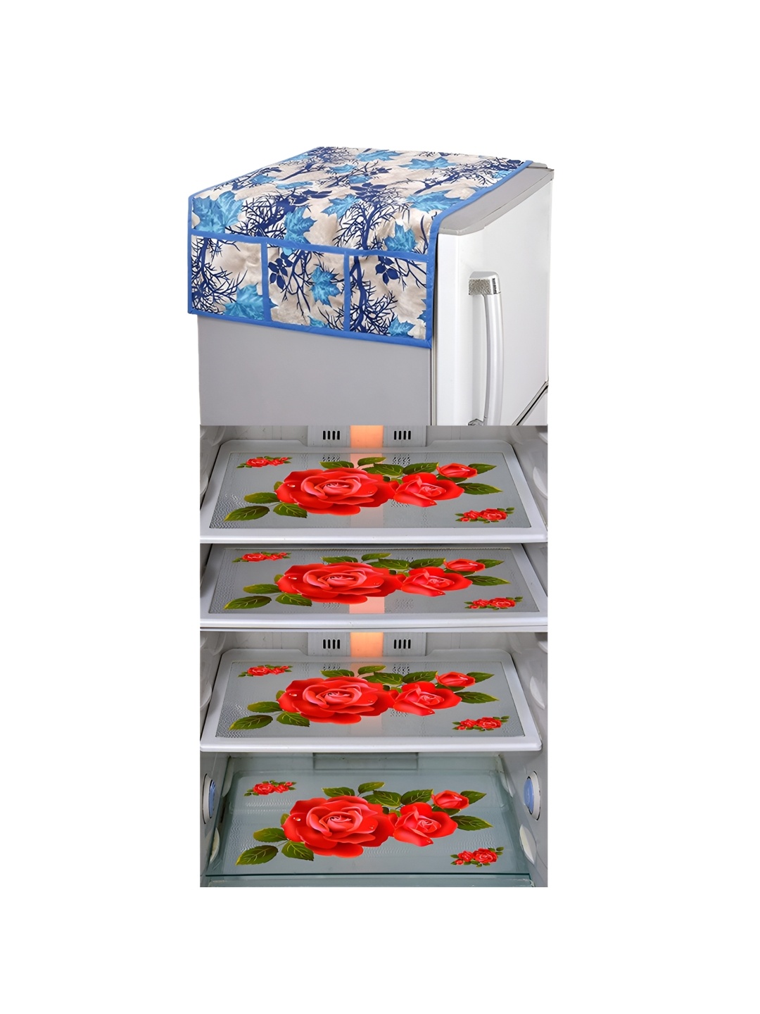 

LooMantha Blue & Grey 5 Pieces Floral Printed Fridge Mats & Top Cover
