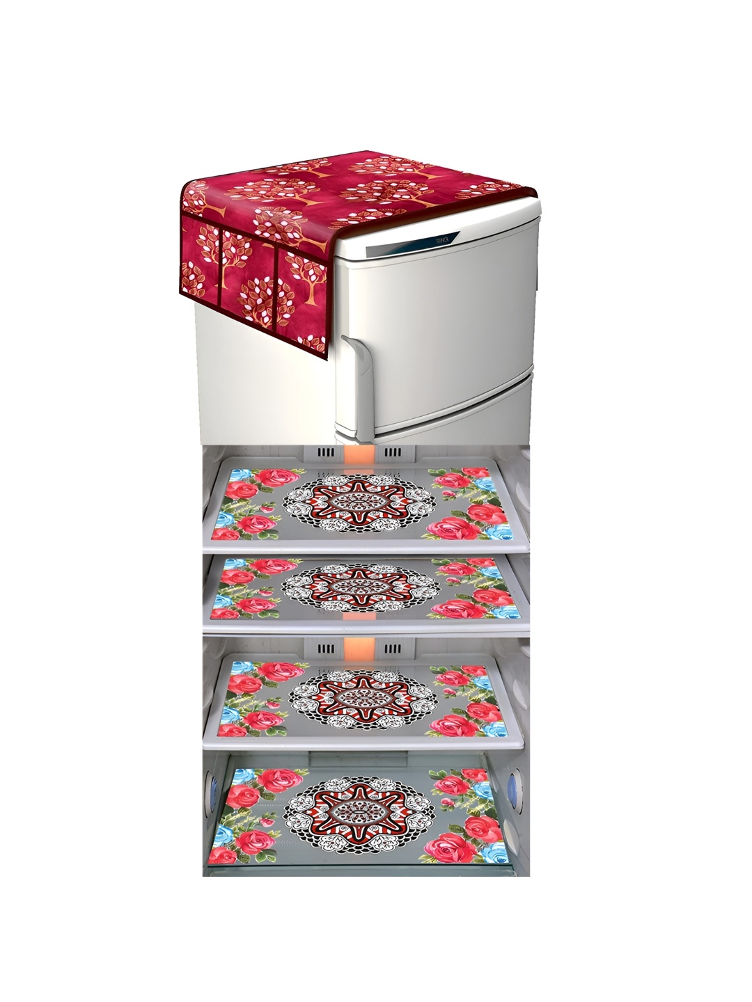 

LooMantha Maroon & White 5 Pieces Floral Printed Fridge Mats & Top Cover