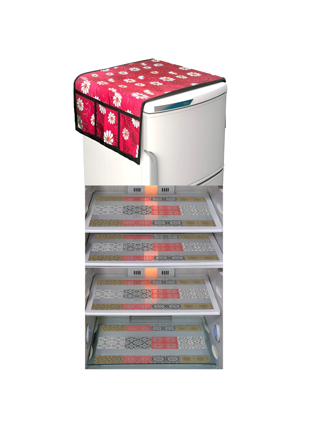 

LooMantha Red & White 5 Pieces Floral Printed Fridge Mats & Top Cover