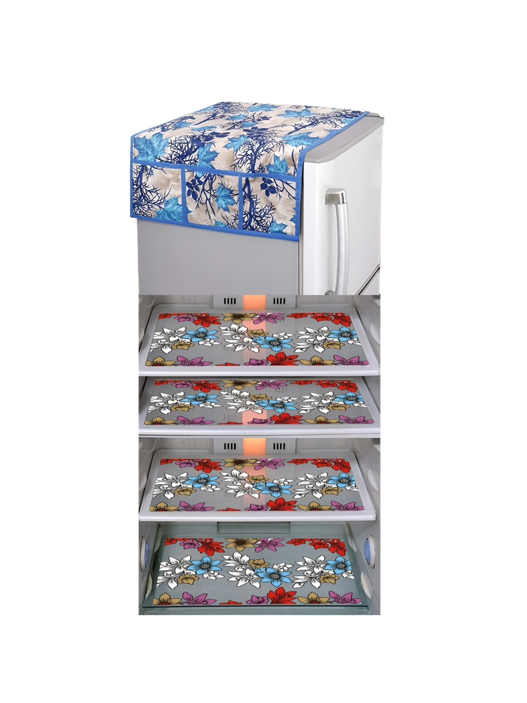 

LooMantha Blue & White 5 Pieces Floral Printed Fridge Mats & Top Cover