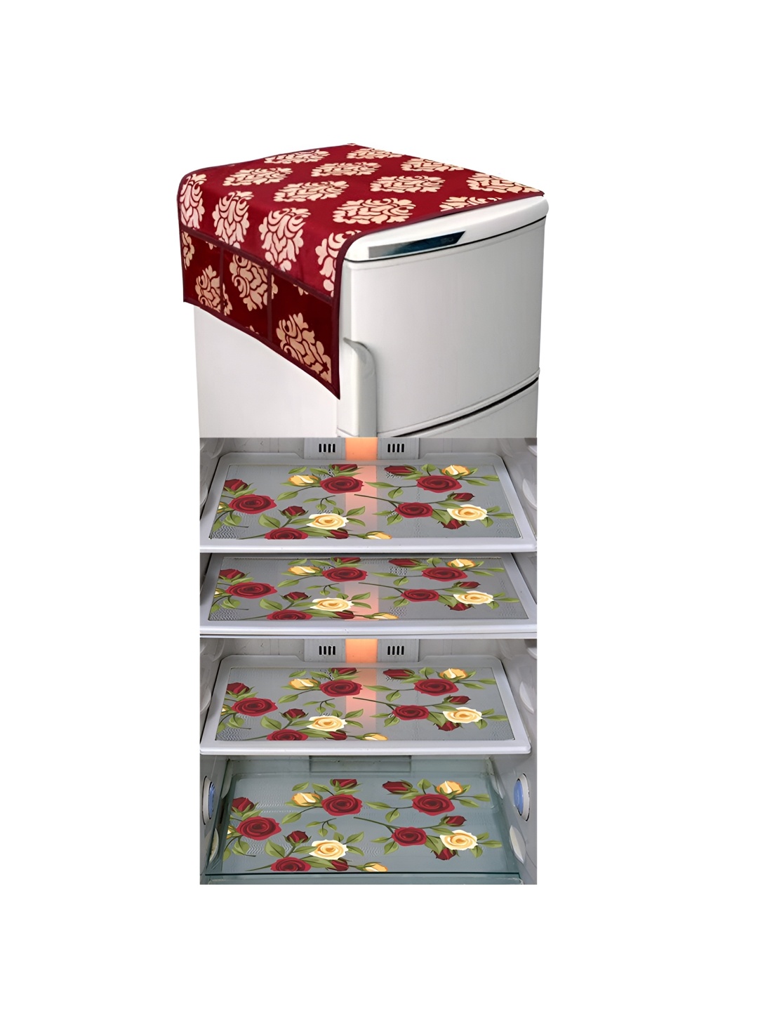 

LooMantha Maroon & Green 5 Pieces Floral Printed Fridge Mats & Top Cover