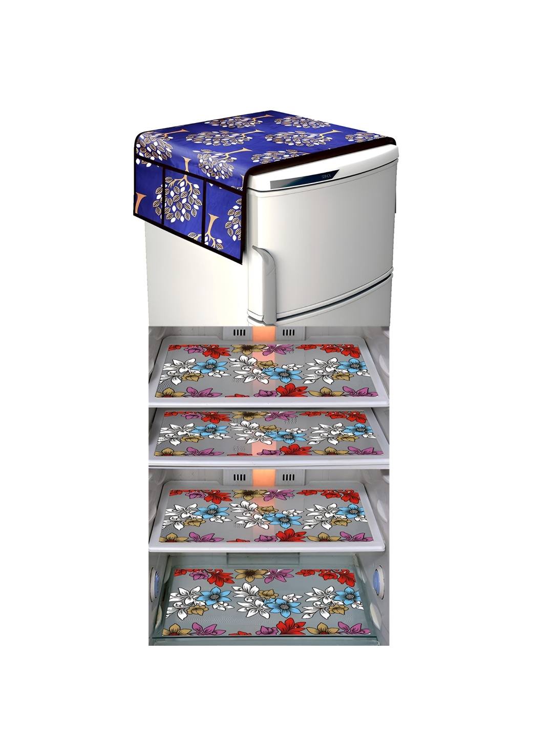 

LooMantha Blue & Red 5 Pieces Floral Printed Fridge Mats & Top Cover