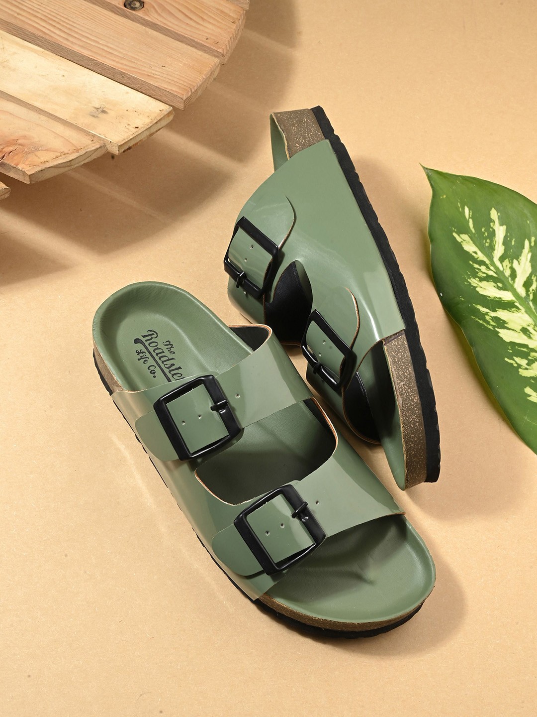 

Roadster Open Toe Flats with Buckles, Olive