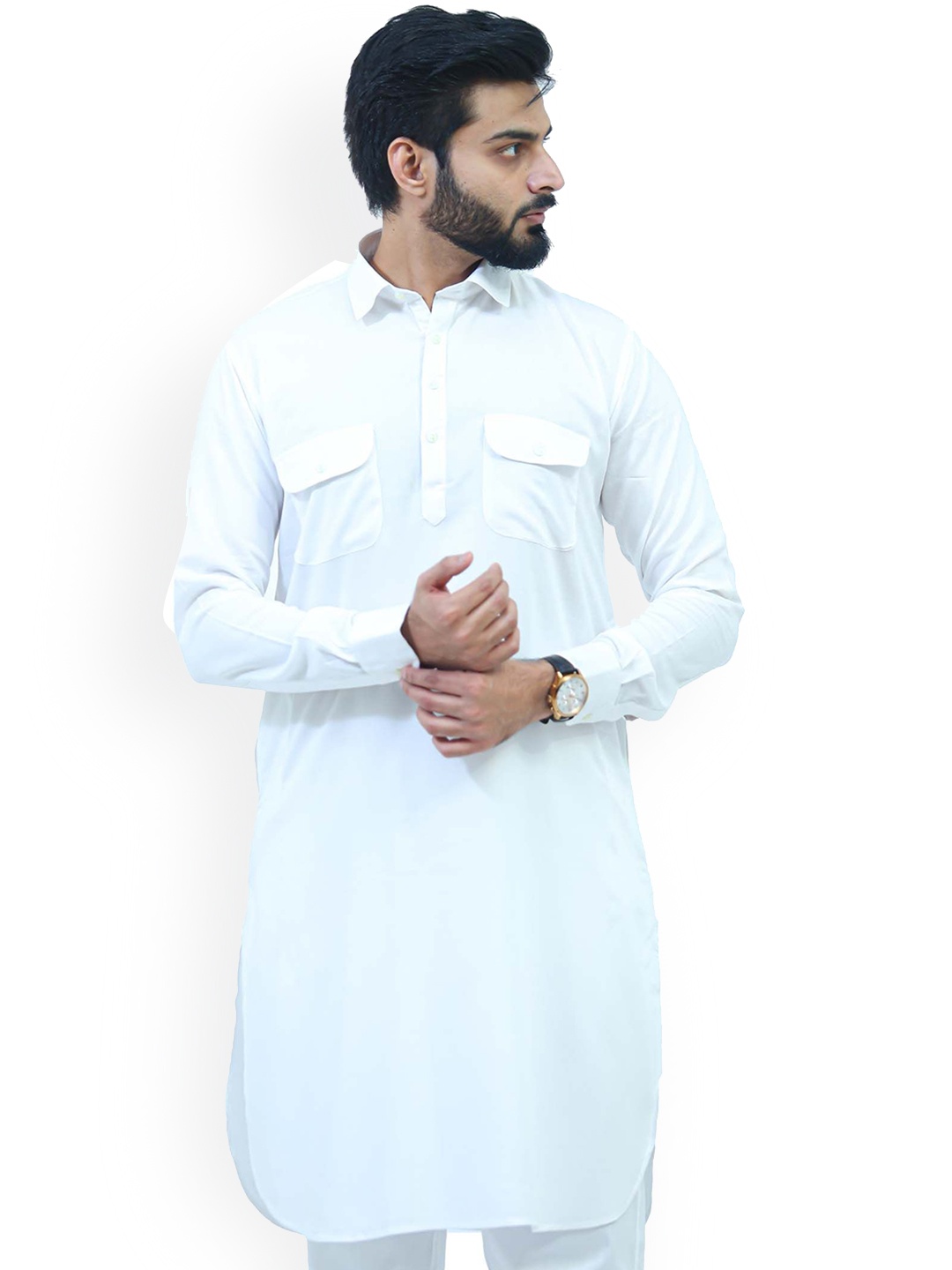 

BLUESAANCHI Shirt Collar Three-Quarter Sleeves Pathani Kurta with Trousers, White