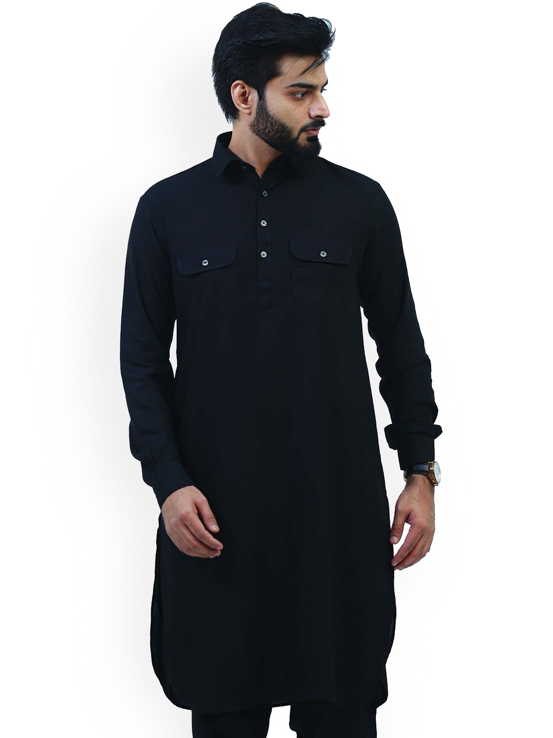 

BLUESAANCHI Shirt Collar Three-Quarter Sleeves Pathani Kurta with Trousers, Black