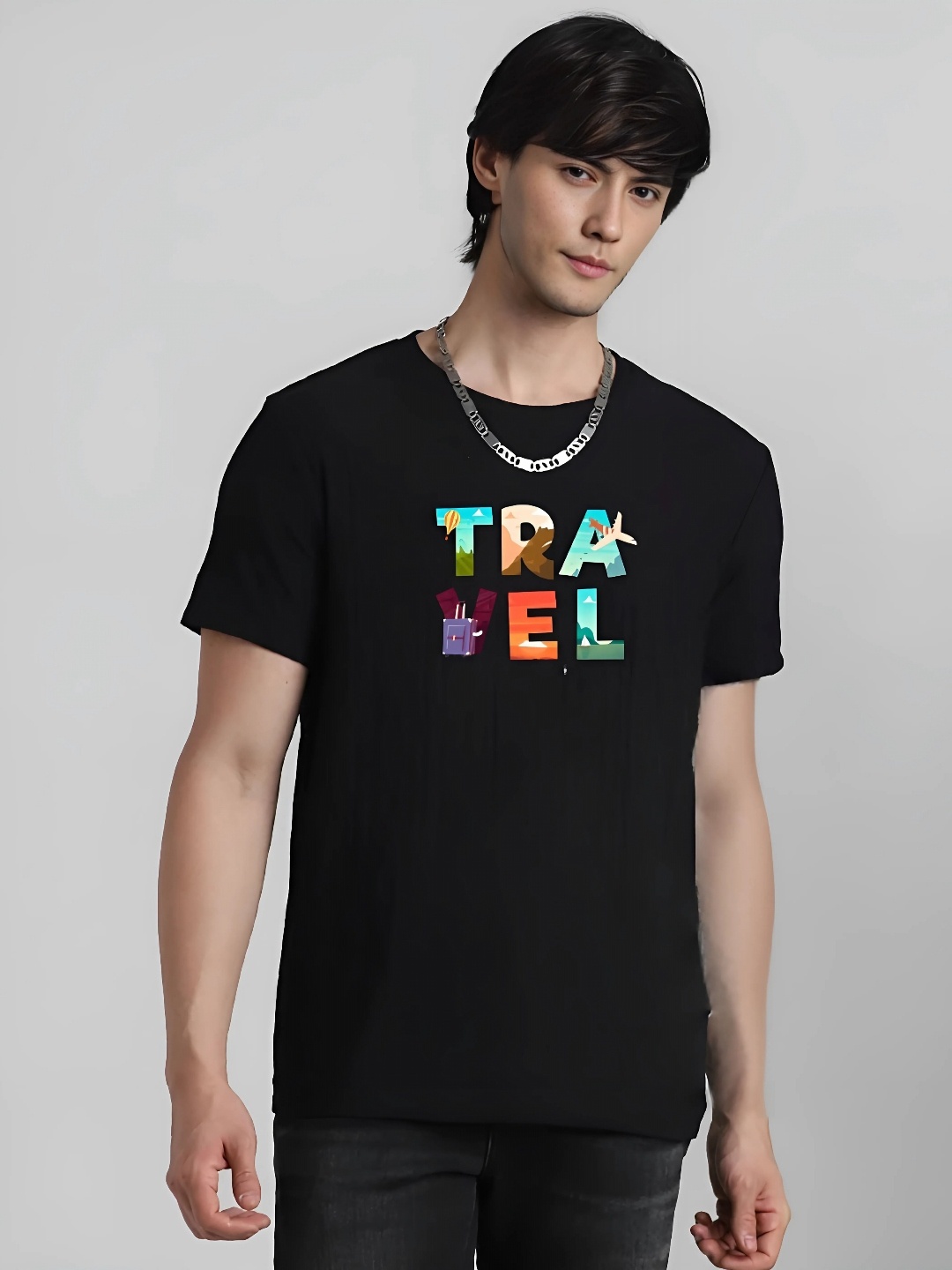 

Elibolz Men Graphic Printed Round Neck Cotton T-Shirt, Black