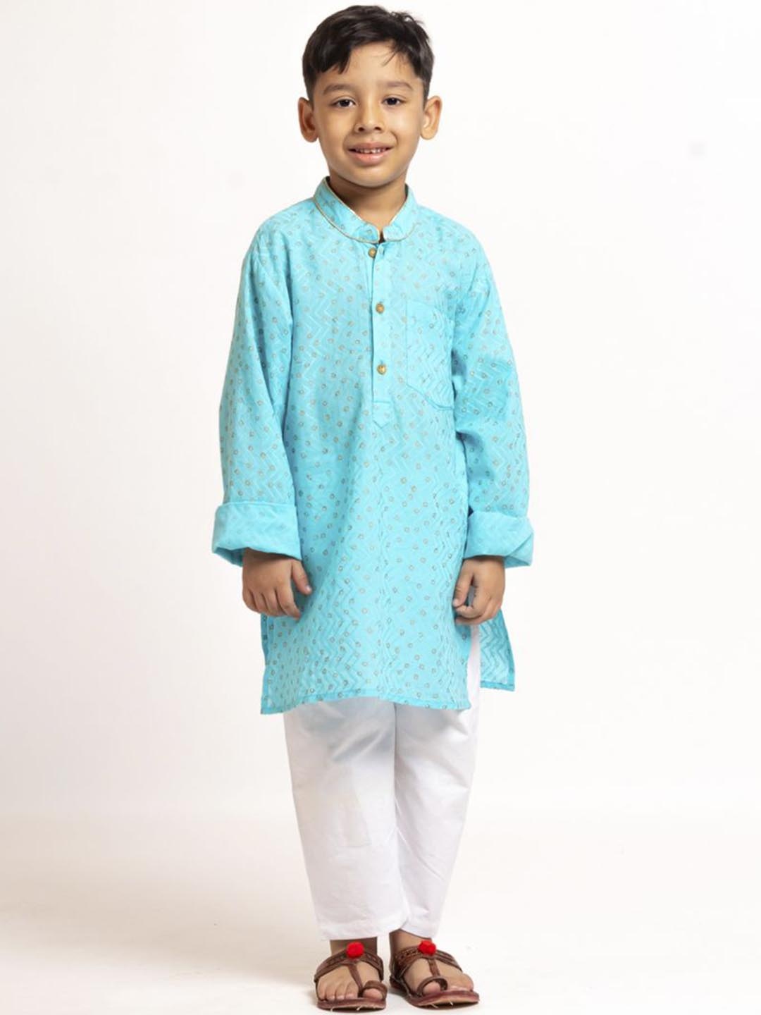 

Sangria Boys Mandarin Collar Printed Straight Kurta With Pyjama Set, Turquoise blue