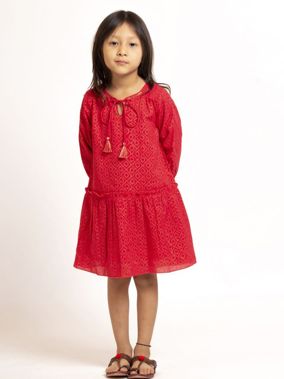 

Sangria Girls Block Printed Tie-Up Neck Pure Cotton Dress, Red
