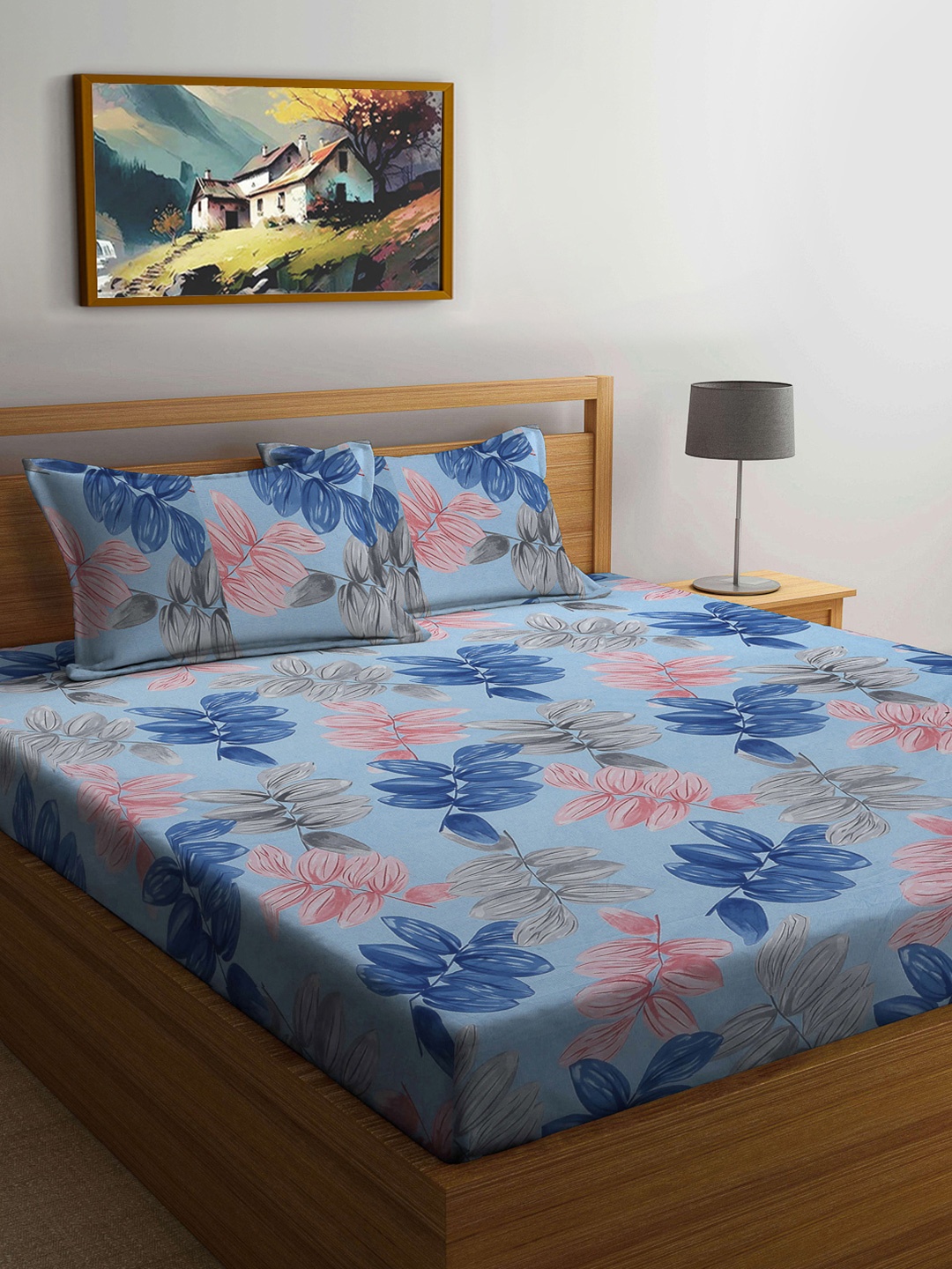 

FABINALIV Blue & Red Floral Print 300 TC King Size Bedsheet & 2 Pillow Covers