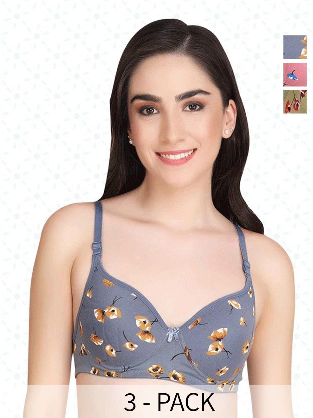 

Designer Bugs Women Pack Of 3 Floral Full Coverage Lightly Padded Bra, Grey