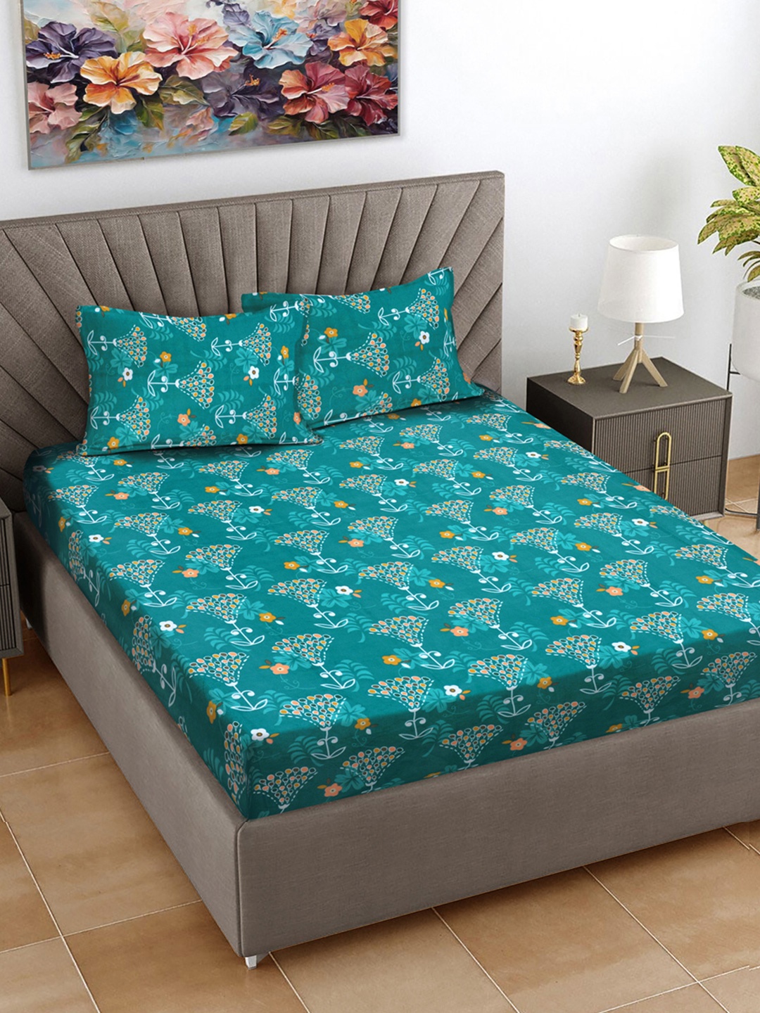

FABINALIV Blue & Yellow Floral Print 300 TC Super King Size Bedsheet & 2 Pillow Covers, Turquoise blue