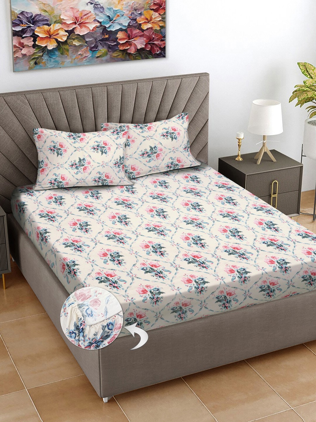 

FABINALIV White & Pink Floral Print 300 TC Fitted King Bedsheet & 2 Pillow Covers