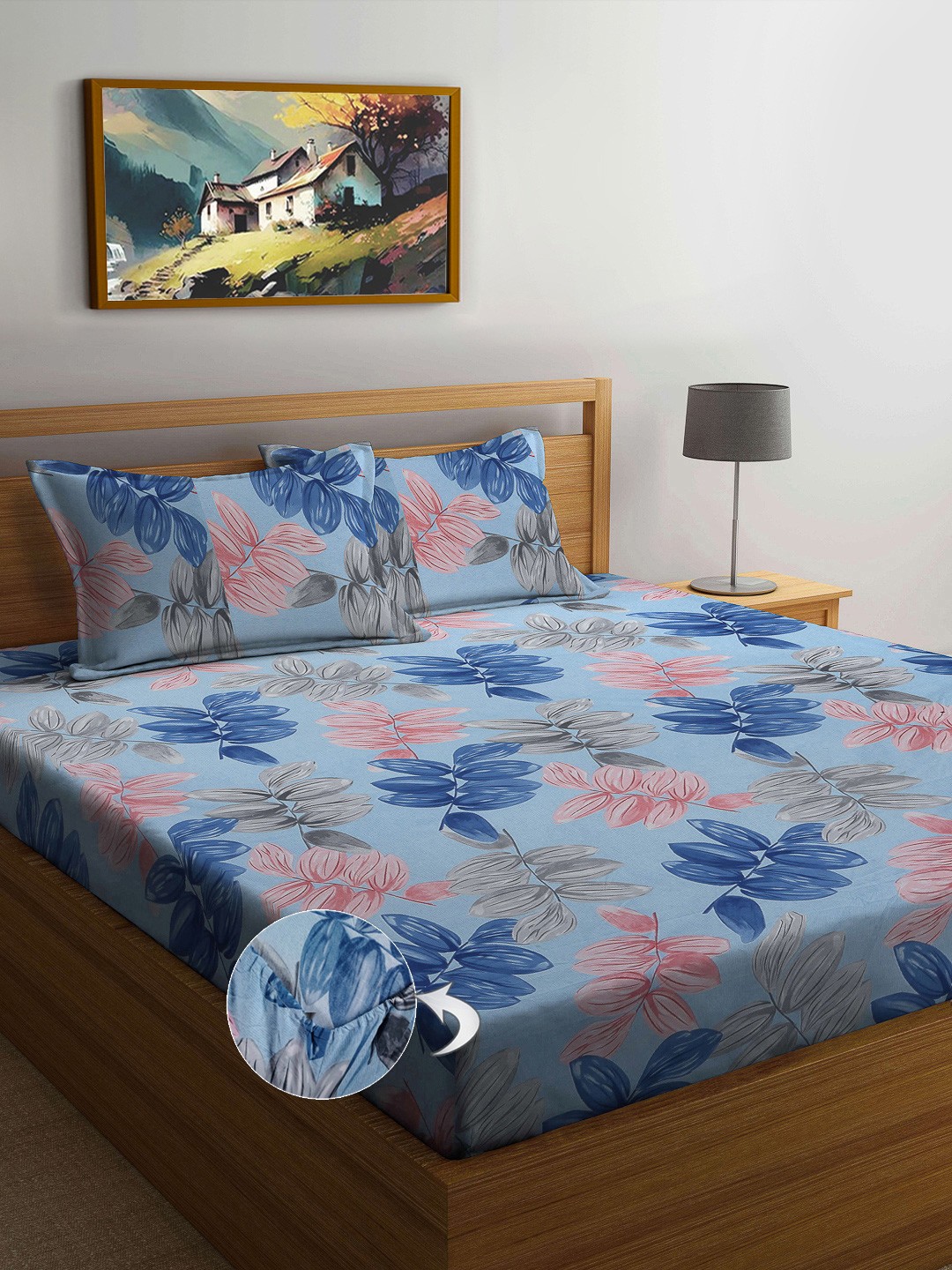 

FABINALIV Blue & Pink Floral Print 300 TC Fitted King Bedsheet & 2 Pillow Covers