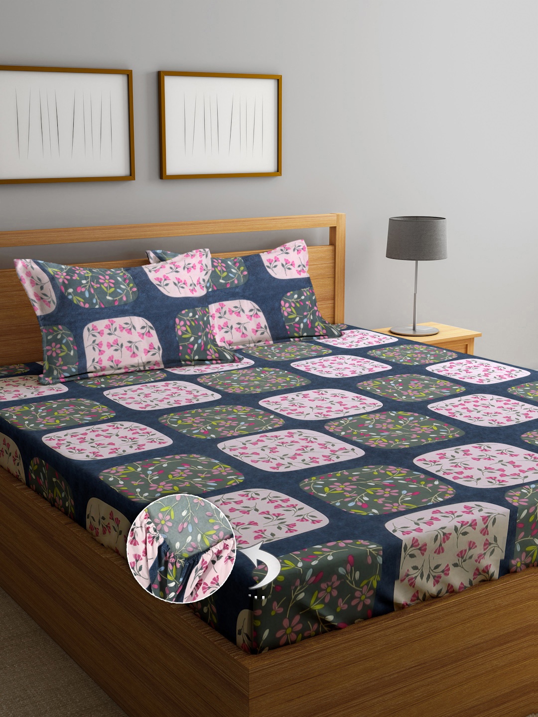 

FABINALIV Green & Pink Floral Print 300 TC Fitted King Bedsheet & 2 Pillow Covers