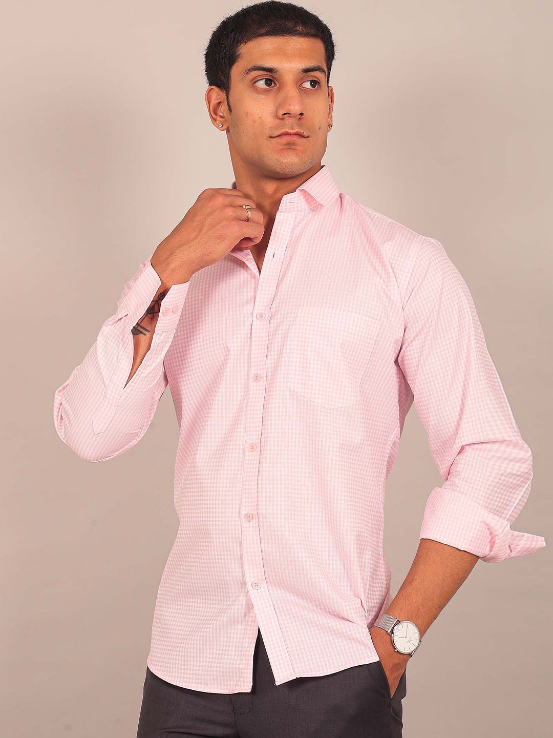 

BLUEBIRD Men Micro Checks Spread Collar Comfort Opaque Formal Shirt, Pink