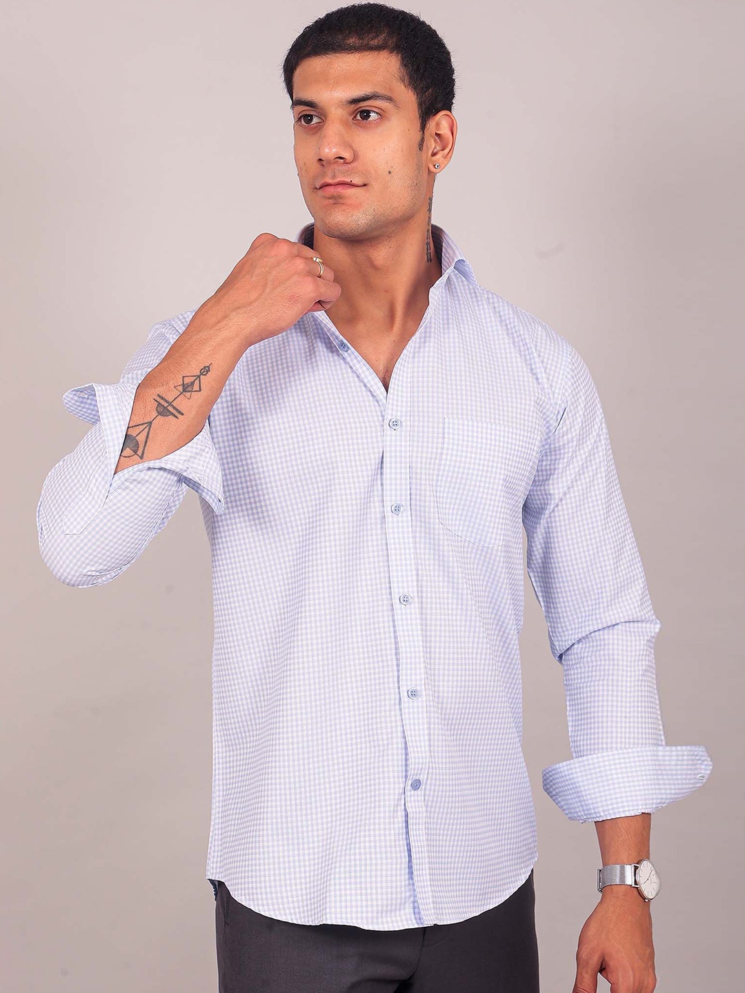 

BLUEBIRD Men Micro Checks Spread Collar Comfort Opaque Formal Shirt, Blue