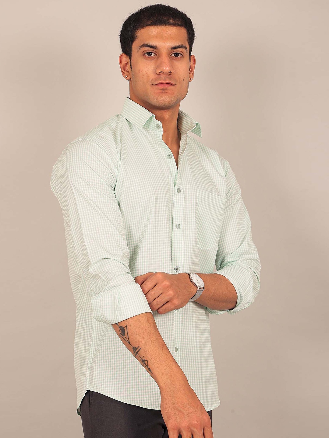 

BLUEBIRD Men Micro Checks Spread Collar Comfort Opaque Formal Shirt, Green