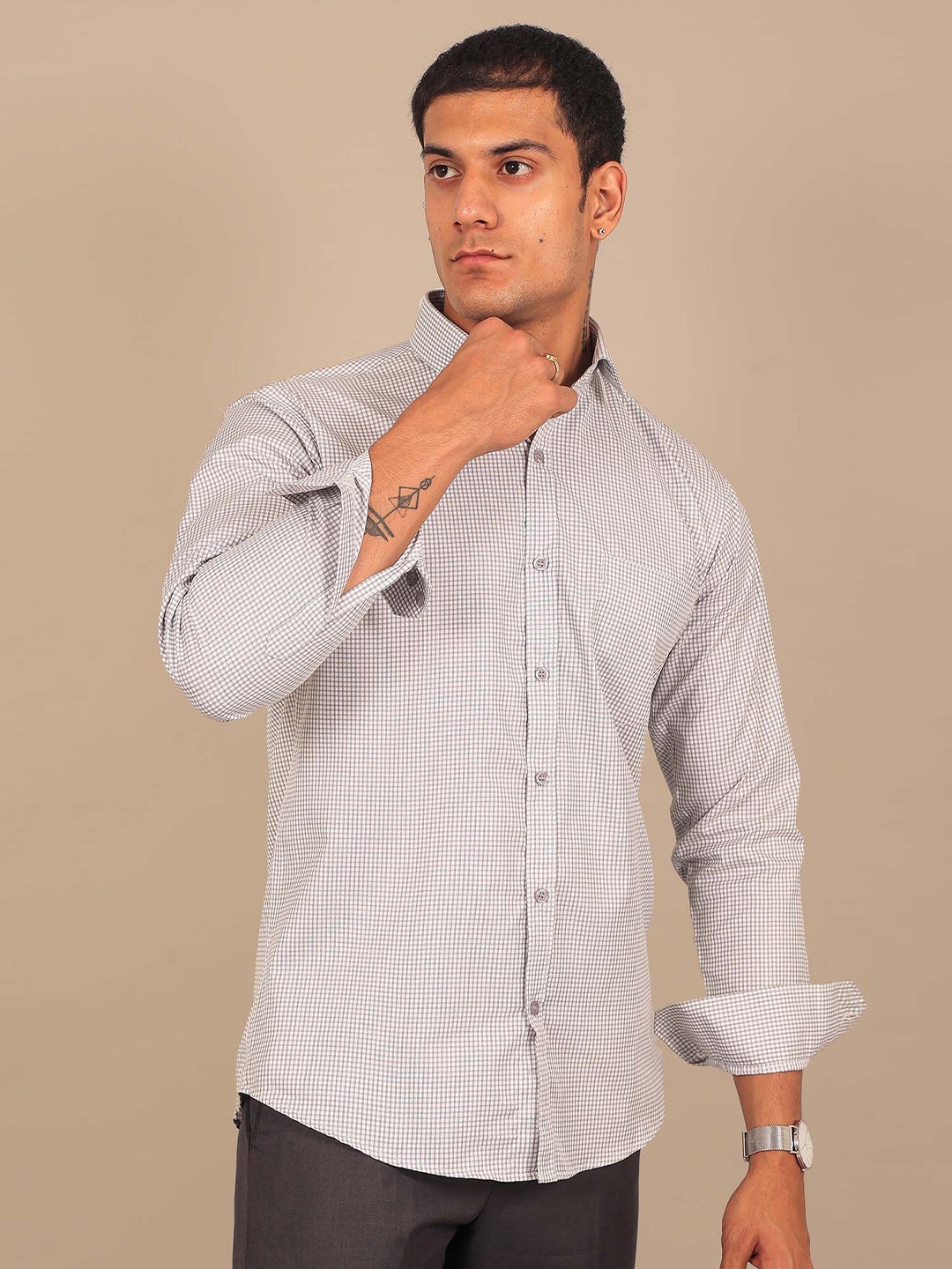 

BLUEBIRD Men Micro Checks Spread Collar Comfort Opaque Formal Shirt, Grey
