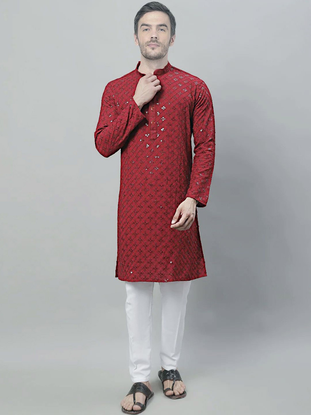 

SG LEMAN Embroidered Mandarin Collar Sequinned Jute Silk Straight Kurta With Pyjamas, Maroon