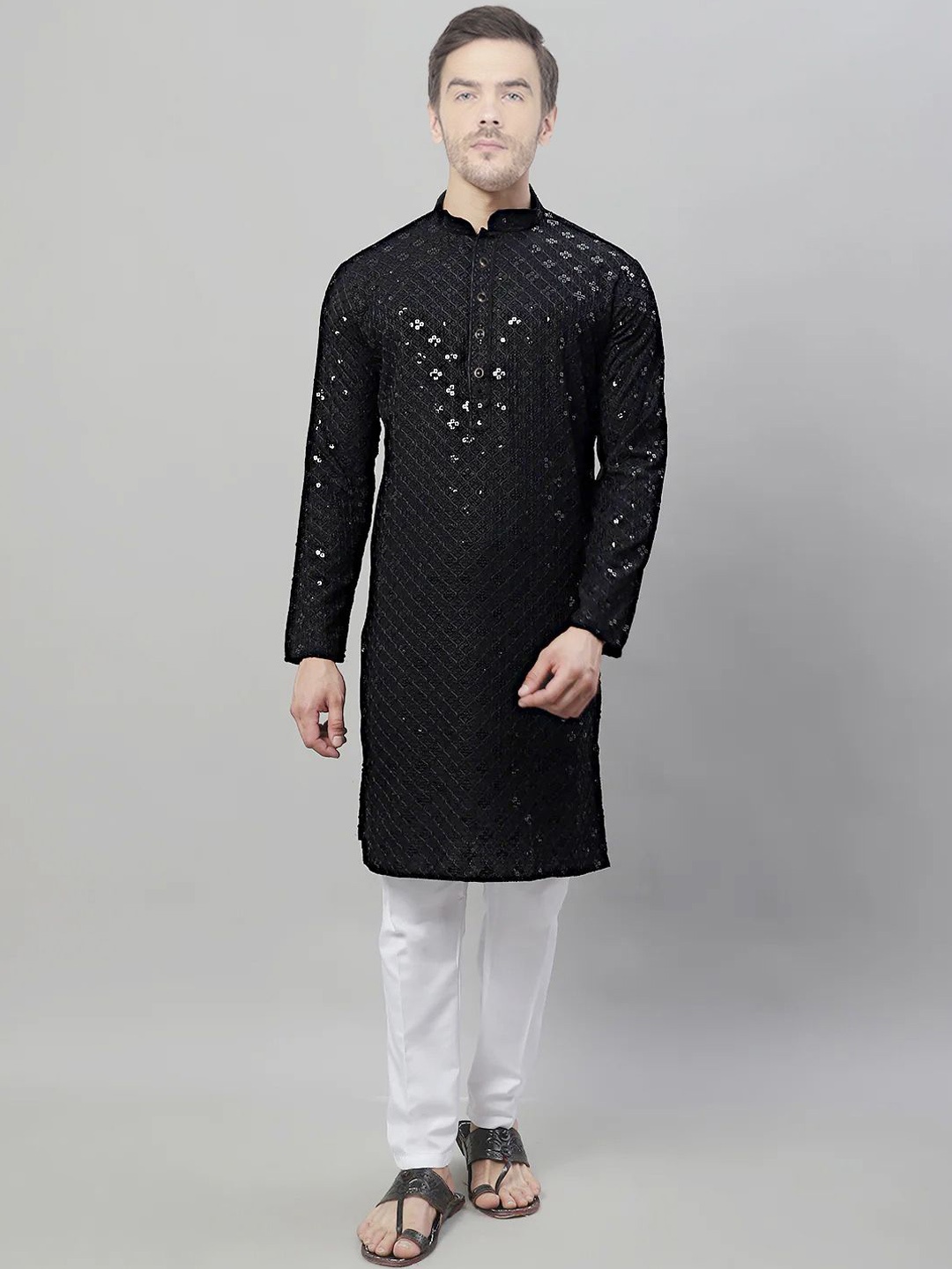 

SG LEMAN Embroidered Mandarin Collar Sequinned Jute Silk Straight Kurta With Pyjamas, Black